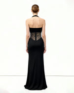 ルーシュレースパネルマキシドレス - ブラック