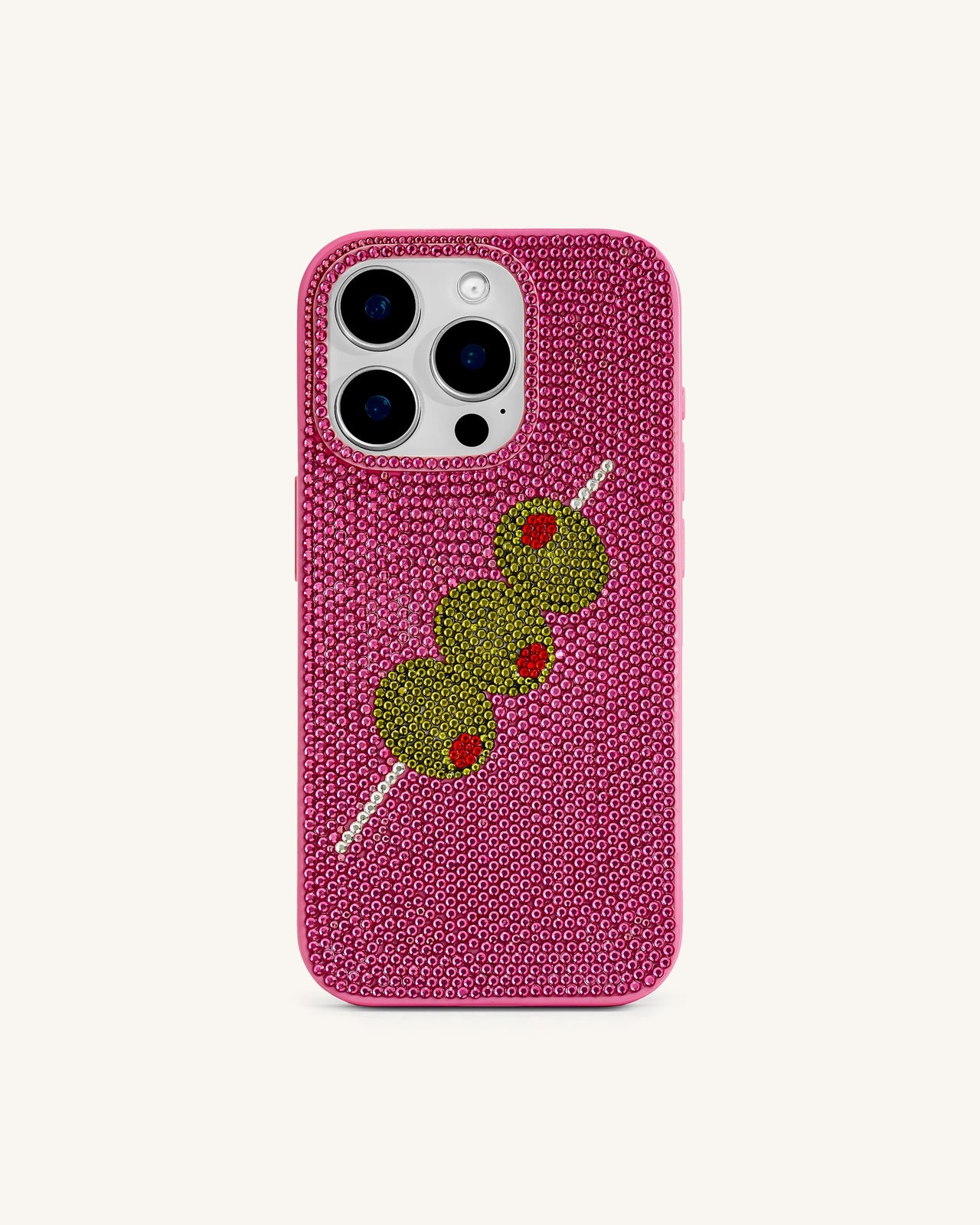 オリーブ串ラインストーン付きスマホケース - ピンク