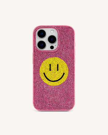 スマイルフェイス アーティフィシャルクリスタル フォンケース - ピンク