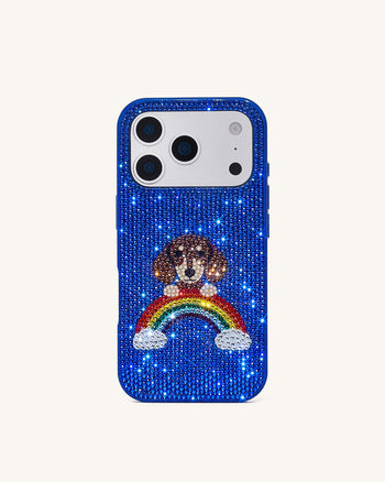 レインボー ドッグ 人工クリスタル スマホケース - ブルー