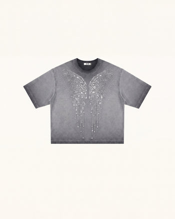エンジェリック ドリッピング クリスタルウィング Tシャツ - ウォッシュドグレー