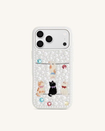パール装飾 プレイフルキャット スマホケース - ホワイト