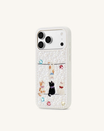 パール装飾 プレイフルキャット スマホケース - ホワイト