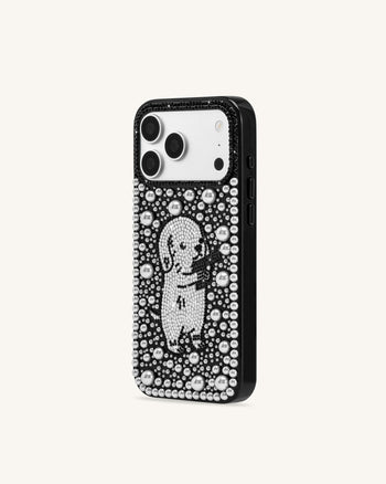 Pearl 人工クリスタル パピー スマホケース - ブラック