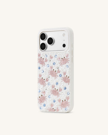 カニ柄 フェイクパール スマホケース - ホワイト