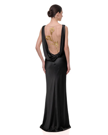 Gold Calla Lily シアー バックレス サテンドレス - ブラック