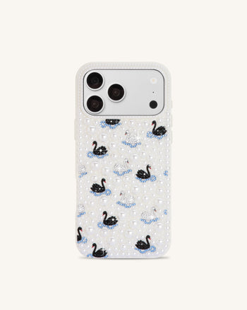 Pearl スワン 装飾付き スマホケース - ホワイト