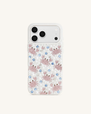 カニ柄 フェイクパール スマホケース - ホワイト