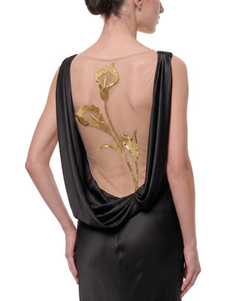 Gold Calla Lily シアー バックレス サテンドレス - ブラック