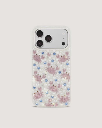 カニ柄 フェイクパール スマホケース - ホワイト