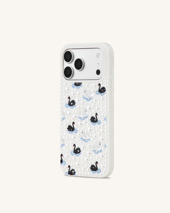 Pearl スワン 装飾付き スマホケース - ホワイト
