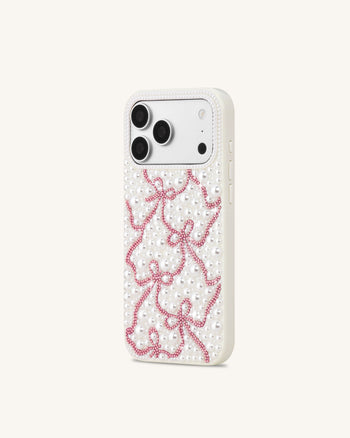 Pearl 人工クリスタル リボンボウ スマホケース - ホワイト