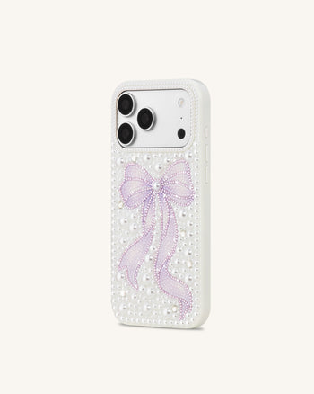 Pearl 人工クリスタル ボウ スマホケース - ホワイト