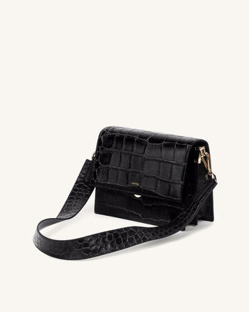Mini Flap ミニショルダーバッグ-ブラック クロコ型押し