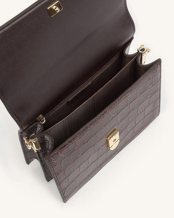 Mini Flap ミニショルダーバッグ-ブラウン クロコ型押し